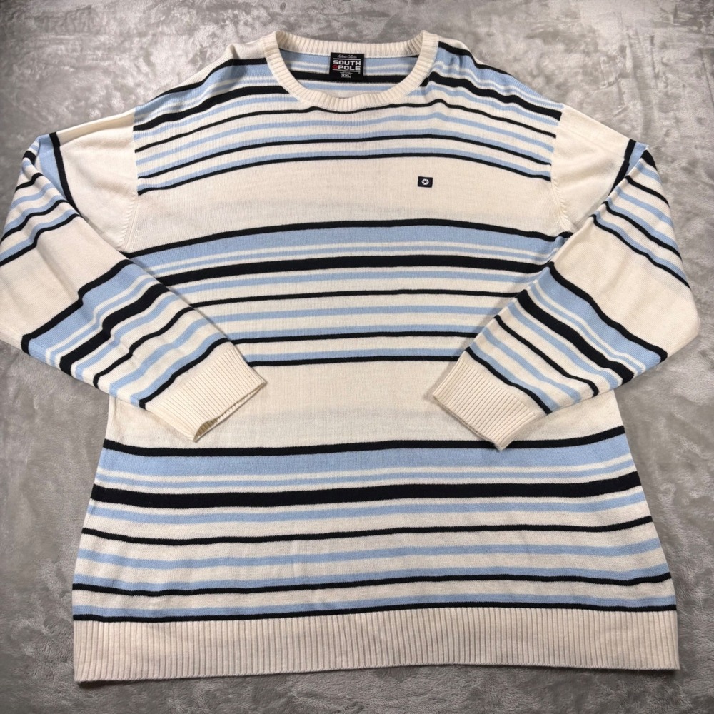 Southpole Mens XXL Striped Knit Sweater Cream Blue Navy Y2K Streetwear Crew Neck